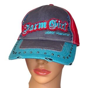 Farm Girl Horse Power Distressed Cap Blue Red Gray Silver Rivets
